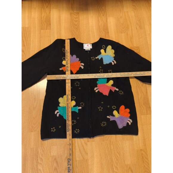 Quacker Factory Sweater Womens Large Wool Black Beaded Appliqué Angels Zip - Picture 5 of 9